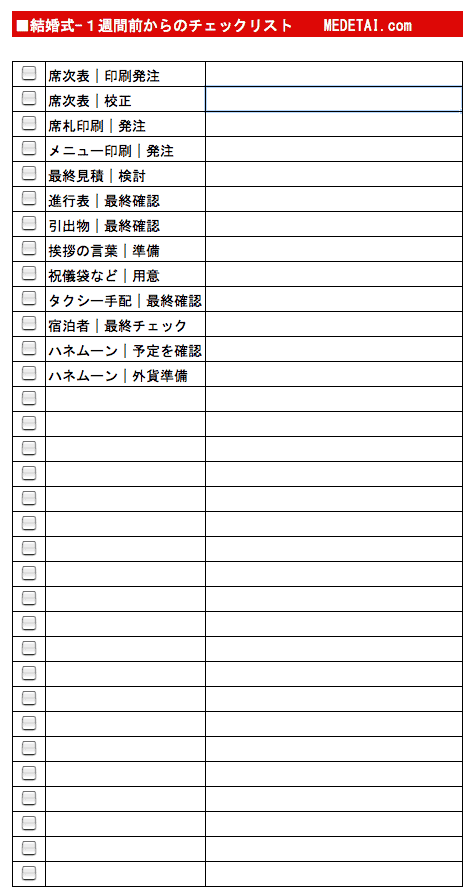 結婚式１週間前からのチェックリスト